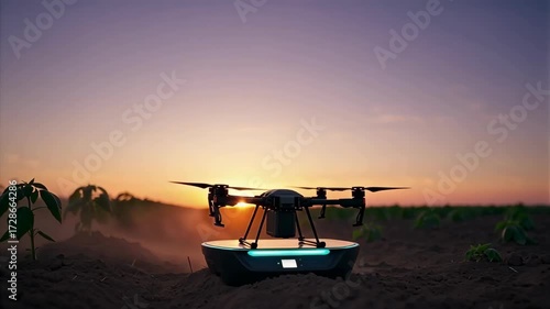 Agricultural drone landing on a smart charging pad at sunset in a field