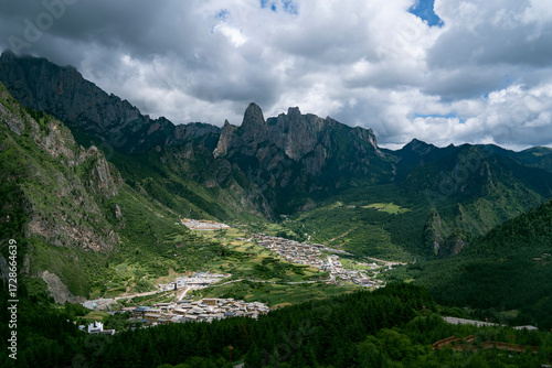 Panorama of town in green mountains