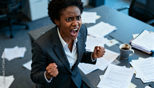 Frustrated business woman shouting with intense emotion, stress and anger in professional office setting, corporate pressure, workplace conflict, emotional outburst, business stress