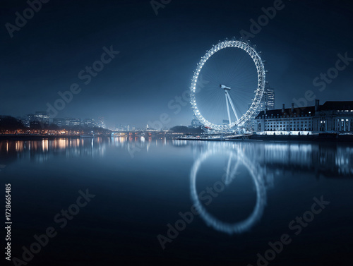 Dramatic nightscape featuring a glowing observation wheel reflected in a serene river. Evokes wonder, travel, and modern architecture. Ideal for tourism, business, or aspirational themes.