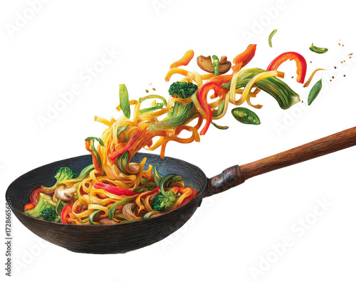 Stir-fried noodles with colorful vegetables in a wok (1)