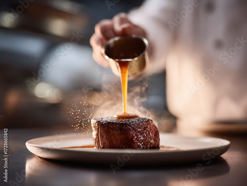 Fototapeta Naklejka Na Ścianę i Meble -  Chef pouring savory sauce over juicy steak. Fine dining, gastronomy concept. Perfect for restaurant, food blog, cookbook  culinary themes. Delicious