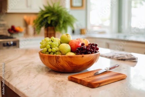 Wallpaper Mural Wooden bowl filled with fresh grapes and apples on kitchen counter. Torontodigital.ca