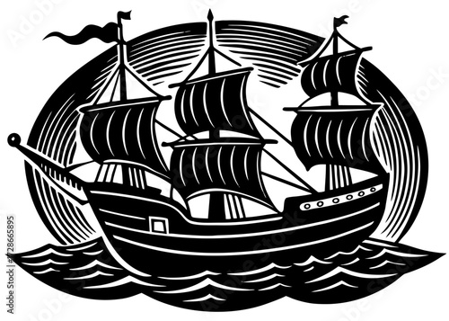 Caravel Ship Silhouette, Columbus Day Voyage SVG, PNG