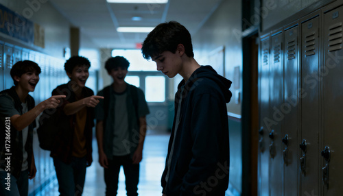 Teenage bullying and harassment in a school hallway. Sad, lonely student is a victim of peer pressure and social exclusion as other teenagers laugh and point. Youth mental health.