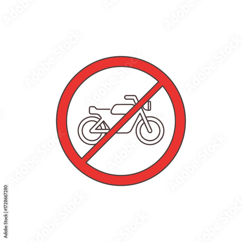Vector illustration of a red prohibition sign with a motorcycle icon, signifying no entry or restricted access for motorbikes.