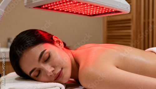 Relaxed woman getting red light therapy on her back in a wellness spa. Concept for skincare, beauty treatment, skin rejuvenation, anti-aging, and photobiomodulation (RLT).