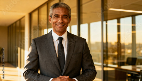 Mature mixed-race businessman standing in a modern office. Confident senior professional, ceo or manager in a suit, symbolizing corporate success, leadership and experience.
