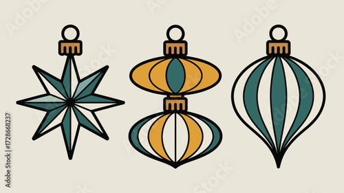Illustration of three stylized christmas ornaments with a star oval and teardrop shape design style