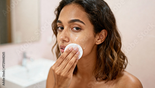 Beautiful mixed-race woman cleaning face with cotton pad in bathroom. Skincare beauty routine concept. Young multiethnic female applying toner or micellar water for healthy skin.