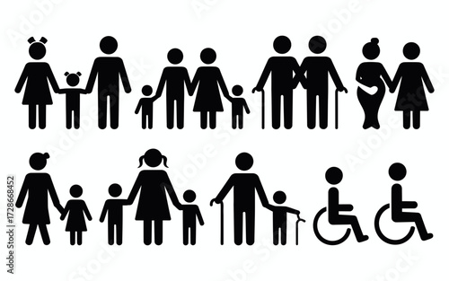 Diverse family groups and individuals vector icons for universal representation silhouette