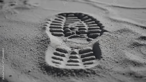 A solitary boot print impressed into the fine sand, a powerful monochrome image symbolizing a single step on a long journey