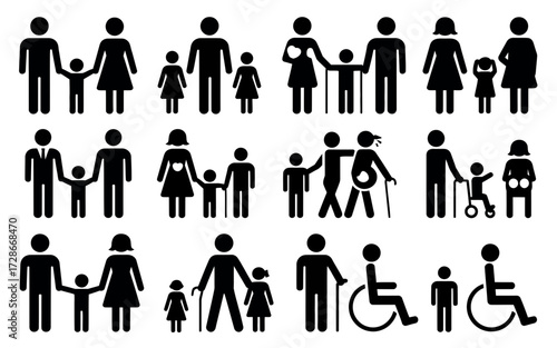 Diverse family silhouettes and accessibility icons vector illustration for scalable graphics silhouette