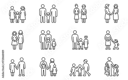 Simple line icons illustrating diverse family units and relationships vector graphics silhouette