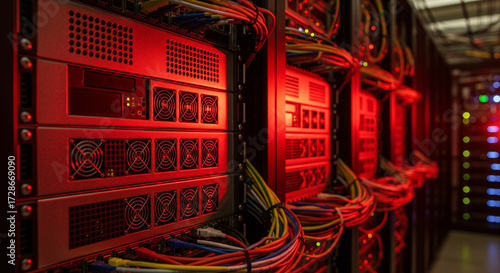 Intense Red Glow on Servers: Data Center Critical System Alert
A high-impact, close-up shot emphasizing a row of rack-mounted servers in a dark data center