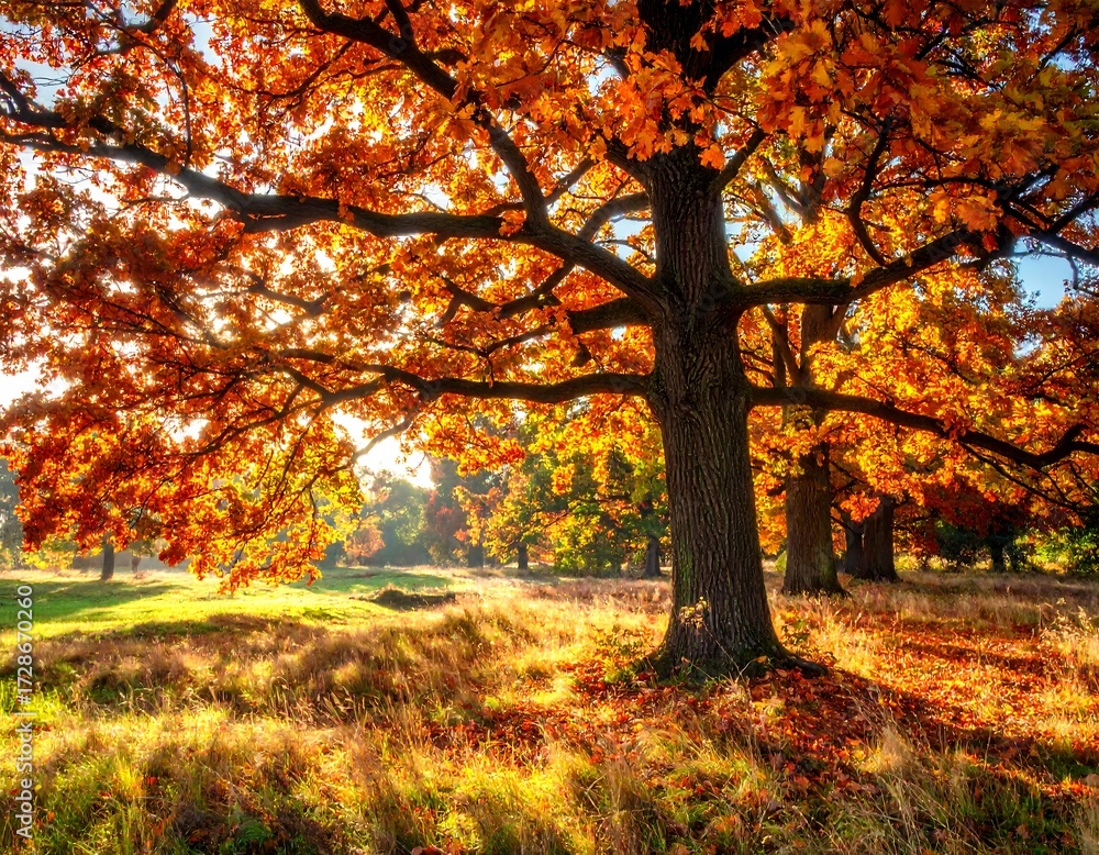 Fototapeta premium Autumnal oak tree in a park