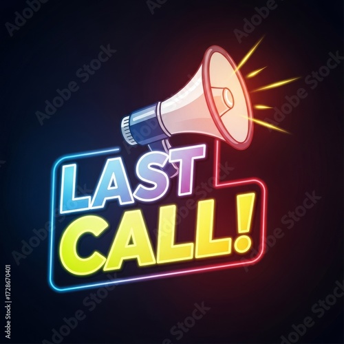 Last Call Neon Sign with Megaphone for Final Announcement.