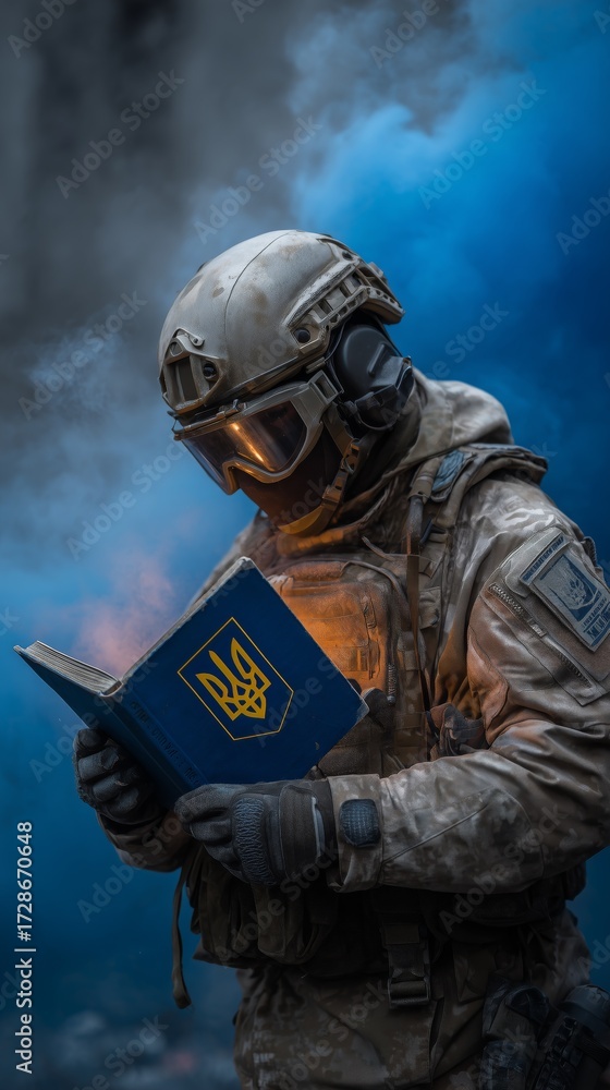Naklejka premium Soldier reading a book in a misty setting with smoke and blue background during a quiet moment of reflection