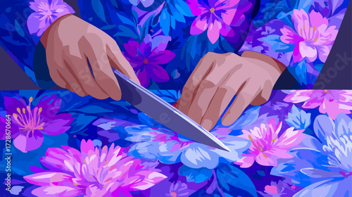Hands cutting floral fabric