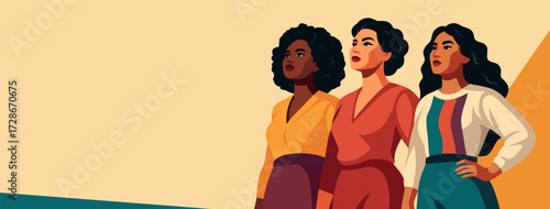 Women's Day. March 8th. Horizontal vector illustration, space for text. Three strong women of different cultures, skin colors stand together, look up. Feminism. Gender equality, women's empowerment