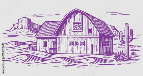 Vintage Barn House in Desert Landscape Hand-Drawn Illustration