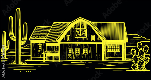 Desert Ranch House with Cacti Hand-Drawn Vintage Illustration