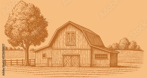 Vintage Barn in Countryside Hand-Drawn Illustration
