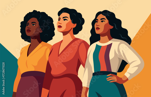 Women's Day. March 8th. Vector illustration of three strong women of different cultures and skin tones standing together and looking up. Feminism. Gender equality, women's empowerment