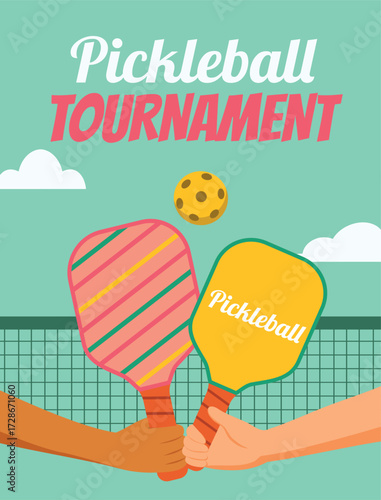 Vector illustration of a pickleball tournament two hands holding rackets, a ball, and a court net against a blue sky with clouds. Modern sports poster for a pickleball tournament