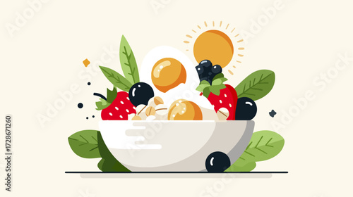 Healthy breakfast bowl with fruits and eggs