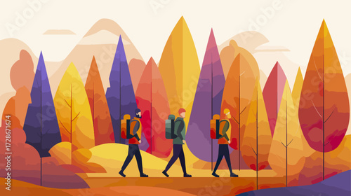 Hikers in autumn forest