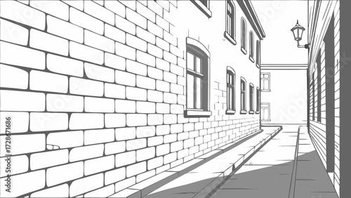 Monochrome Line Art Illustration of a Classic Urban Alleyway with Brick Walls, Buildings, and Perspective Shadows