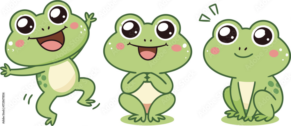 Fototapeta premium Three Cute Cartoon Frogs Showcase Joy Contemplation And Eagerness With