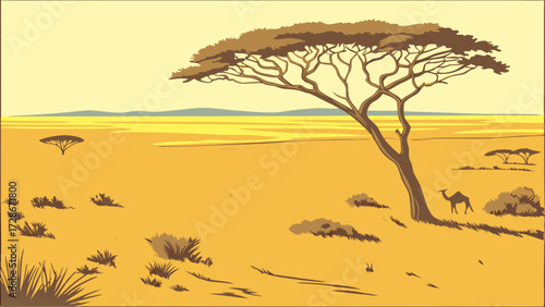 Vast Arid Savanna Landscape Vector Illustration with Iconic Acacia Tree, Lone Camel, and Distant Mountains Under a Golden Sky