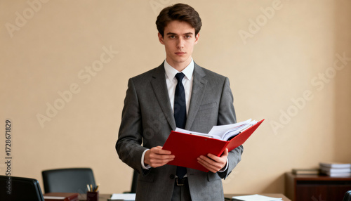 Confident young businessman or corporate lawyer in a suit holding a red folder with documents. A handsome professional employee, manager, or intern standing in an office.