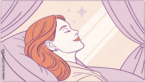 Serene Woman Waking Up to Sunlight in Bed, Embracing a Peaceful Morning and Fresh Start; Illustration of Well-being and Relaxation