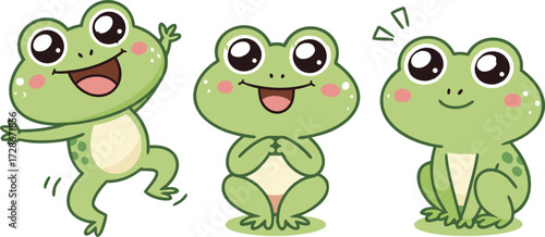 Three Cute Cartoon Frogs Showcase Joy Contemplation And Eagerness With