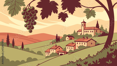 Idyllic Tuscan Vineyard Landscape with Hillside Village and Church, Featuring Grapes in Foreground - Flat Design Illustration