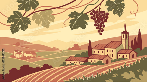 Idyllic European Vineyard Countryside Illustration with Traditional Village, Rolling Hills, and Lush Grapevines