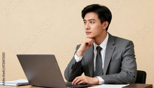 Pensive young Asian businessman thinking at office desk with laptop. Successful thoughtful entrepreneur planning strategy. Contemplating future. Corporate employee at work.