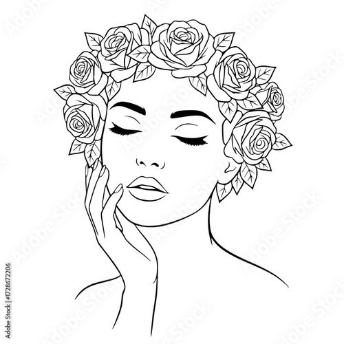 Beautiful woman with closed eyes and a crown of roses on her head, beauty, floral, feminine, rose, elegance