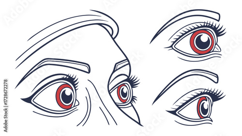 Stylized Vector Illustration of Human Eyes with Red Irritation, Showing Different Angles and Expressions for Medical or Emotional Concepts