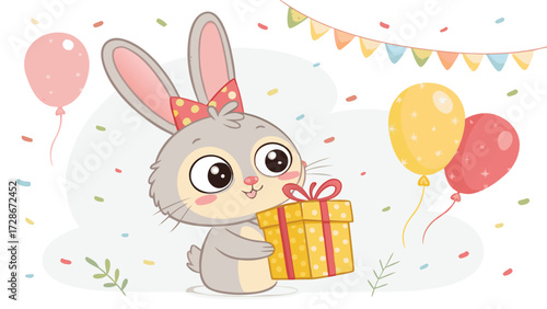 Adorable Cartoon Bunny Happily Holds A Gift Box Amidst Balloons And Confetti
