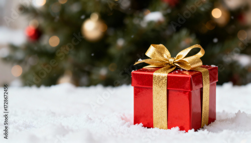 Festive red gift box with shimmering gold ribbon on pristine snow, Christmas holiday present decoration near decorated tree with bokeh lights and snowflakes