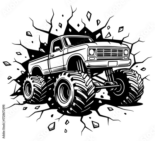 Vintage monster truck breaking through a wall, truck, monster, off-road, vehicle, breaking