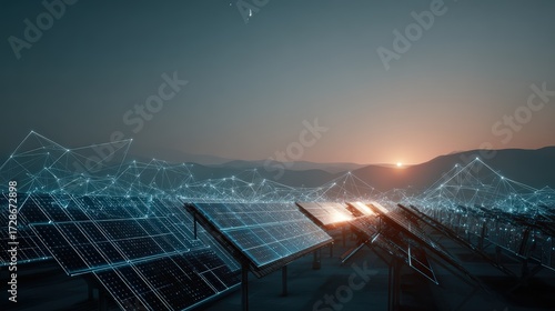 Futuristic Solar Panel Farm: Sustainable Energy Network Connection