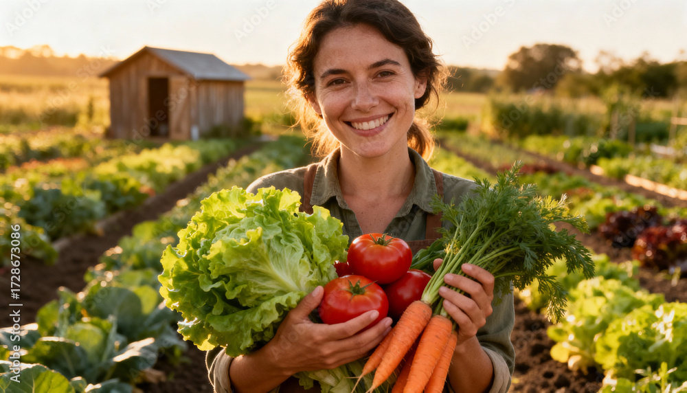 Fototapeta premium Portrait of a beautiful smiling organic farmer holding freshly picked vegetables. Woman with a harvest of carrots and tomatoes at sunset. Healthy food and agriculture concept.