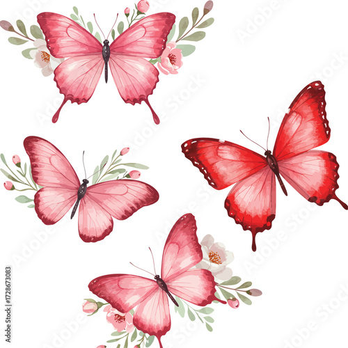 Beautiful pink butterflies with floral accents fluttering gracefully in a delicate arrangement