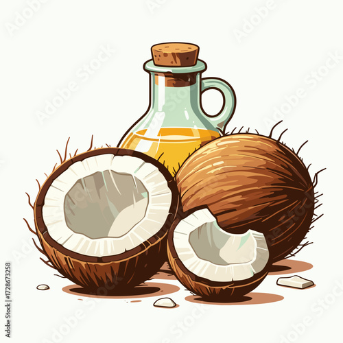 Coconut halves and oil