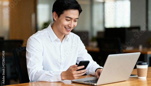 Happy young Asian businessman in white shirt working on laptop and smartphone in modern office. Smiling corporate professional male employee checking phone. Business technology.